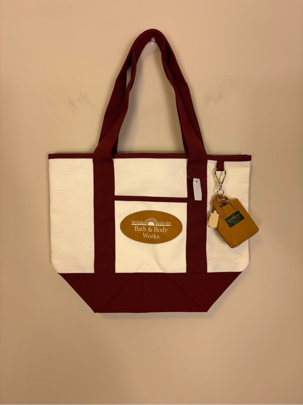 New Bath & Body Works Cream and Burgundy Canvas Tote with Logo Patch